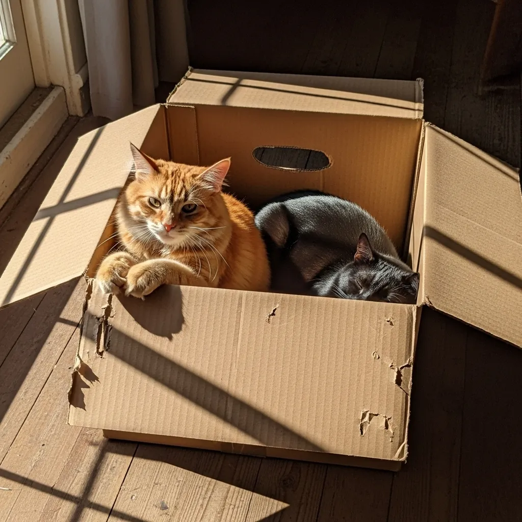 Cats interacting with cardboard box, showing social and playful aspects