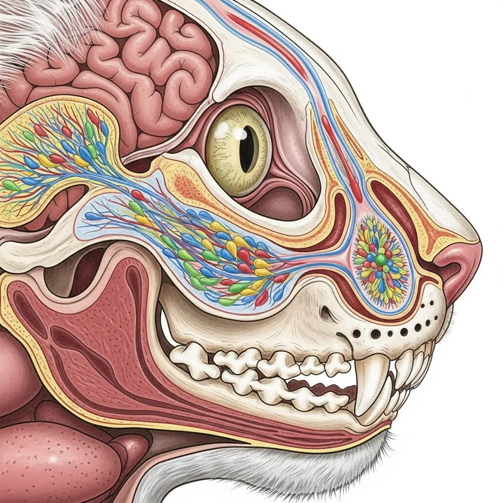 Diagram of a cat's advanced olfactory system showing scent receptors and the vomeronasal organ.
