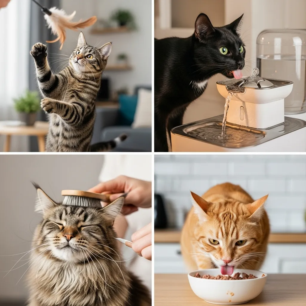 Cats thriving with daily wellness habits like play, hydration, grooming, and nutrition.]