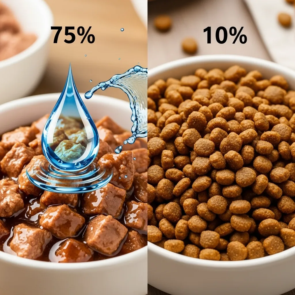 Visual comparison showing moisture percentage difference between wet cat food and dry kibble in two separate bowls.