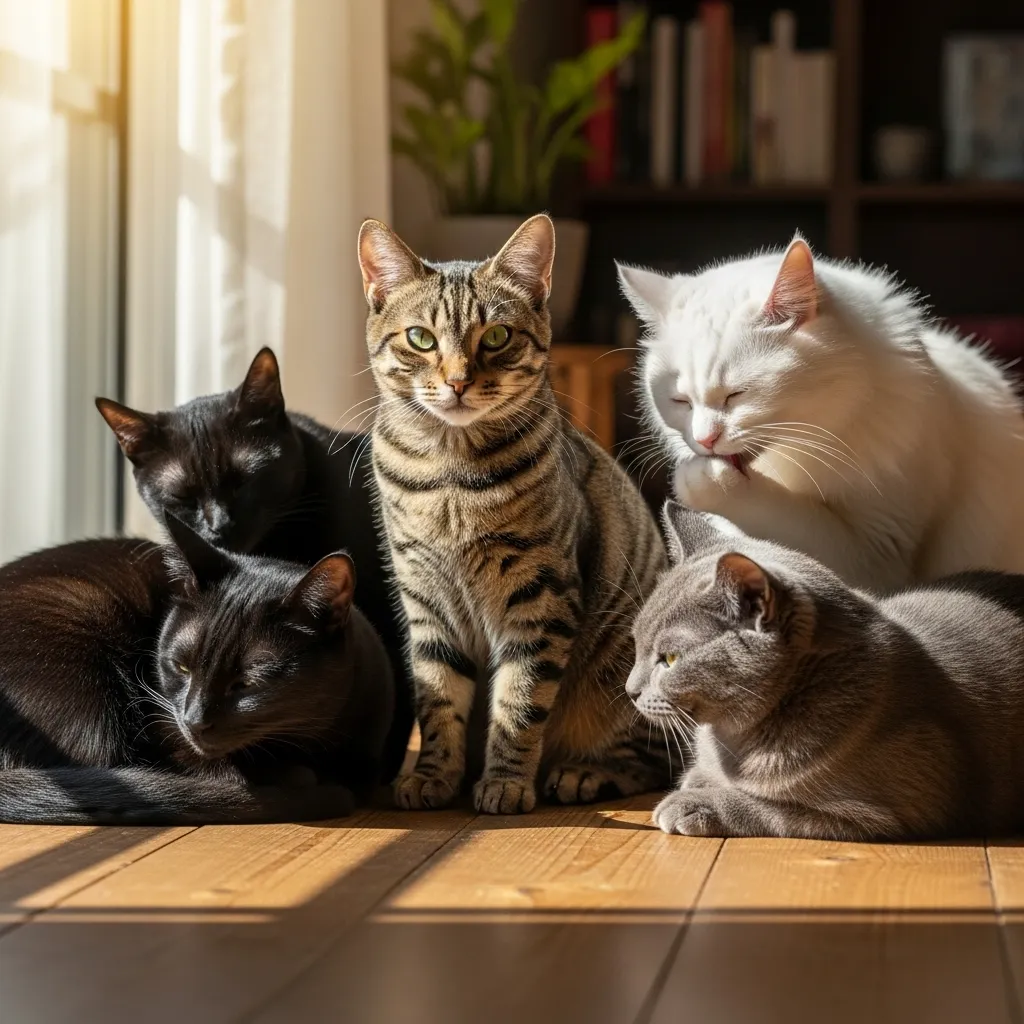 Group of multicolored cats illustrating timeless name versatility across appearances.]