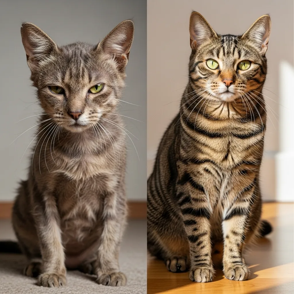 "Visual comparison showing the impact of nutrient deficiencies on a domestic cat's coat health