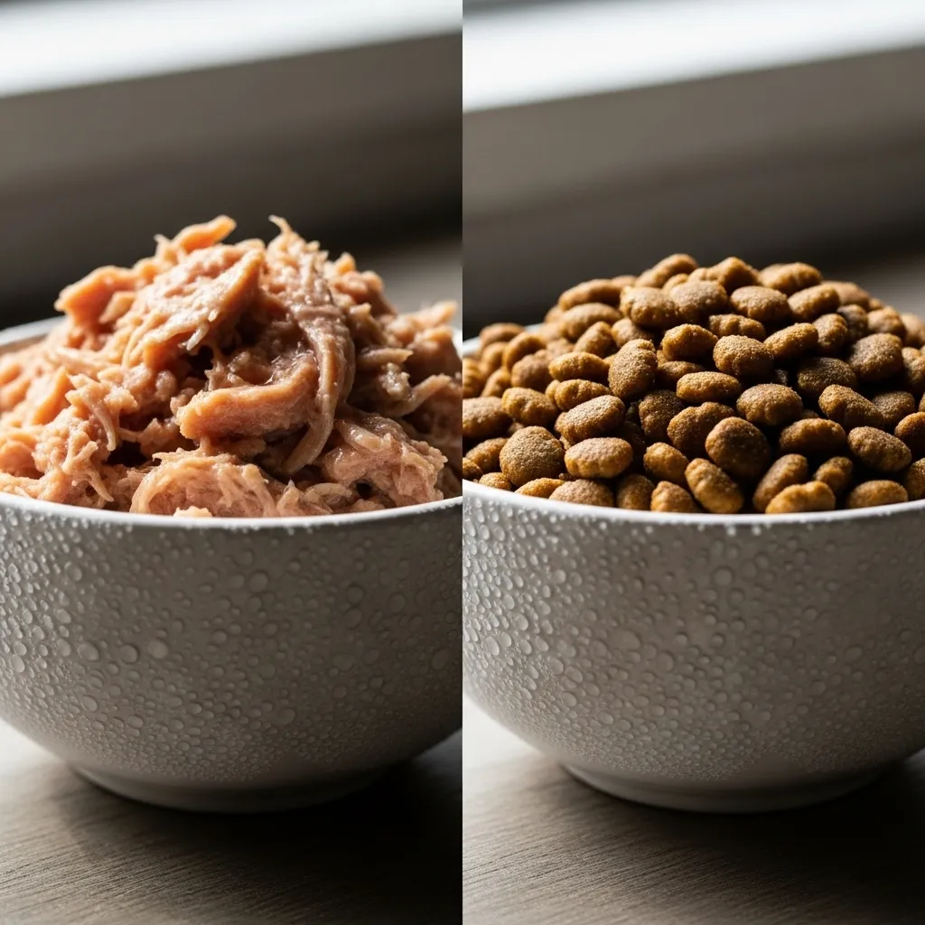 Visual comparison showing moisture difference between wet cat food and dry kibble