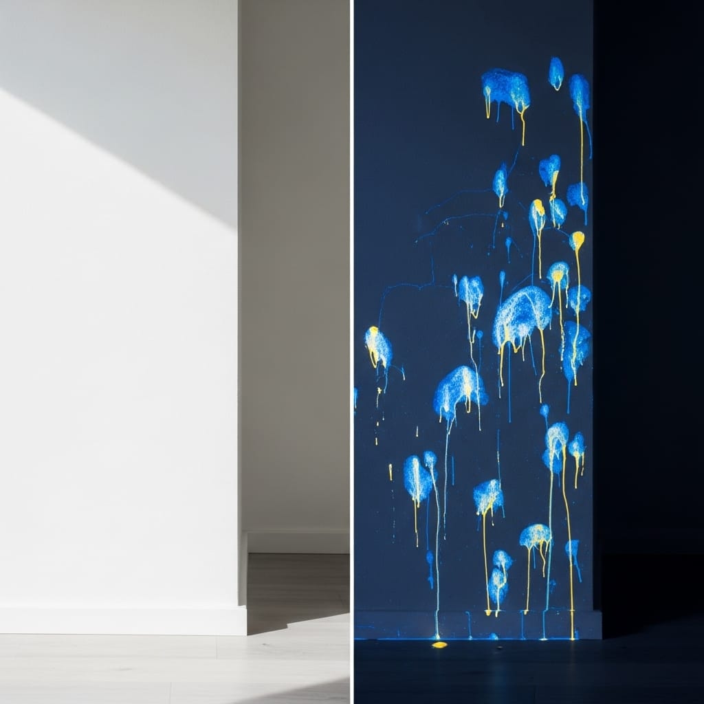 Comparative illustration showing human vision vs. cat UV vision on a white wall.