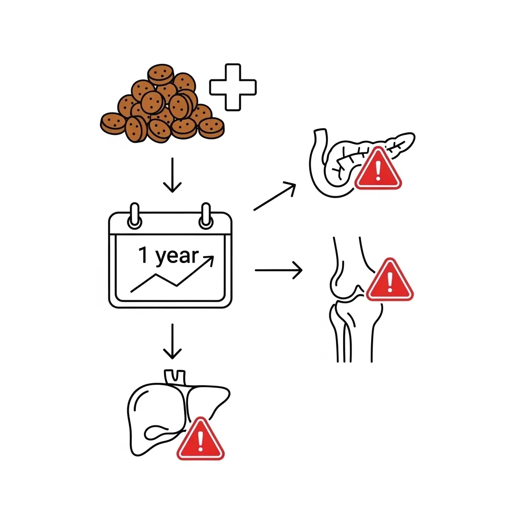  Infographic showing how just 10 extra pieces of cat kibble per day can lead to one pound of weight gain per year and increase risks for diabetes, arthritis, and liver disease. Portion 
