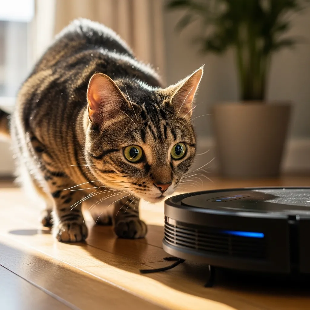 "Curious cat carefully observing a robot vacuum for the first time