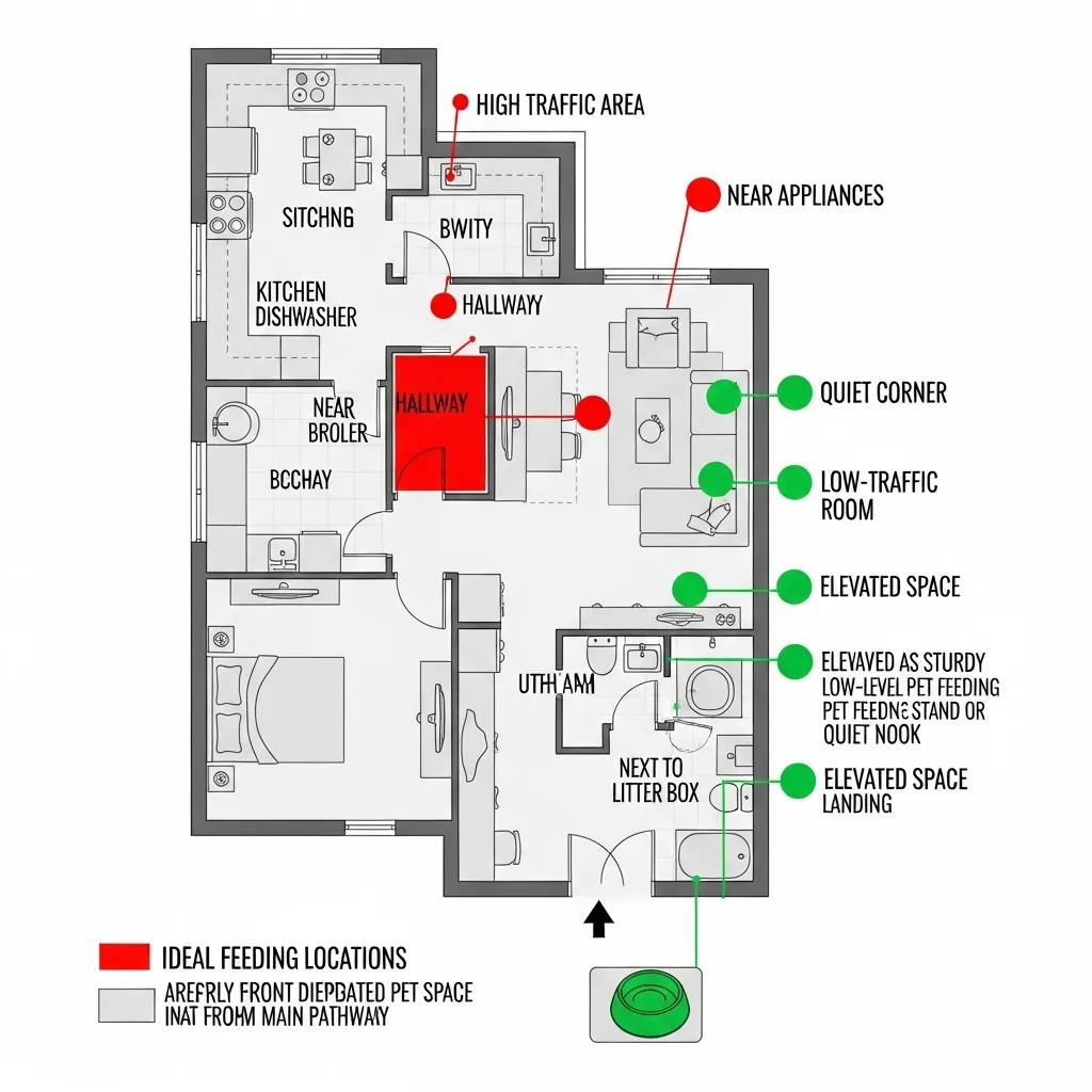 Infographic showing optimal and problematic placements for cat food bowls to minimize stress-related eating issues.
