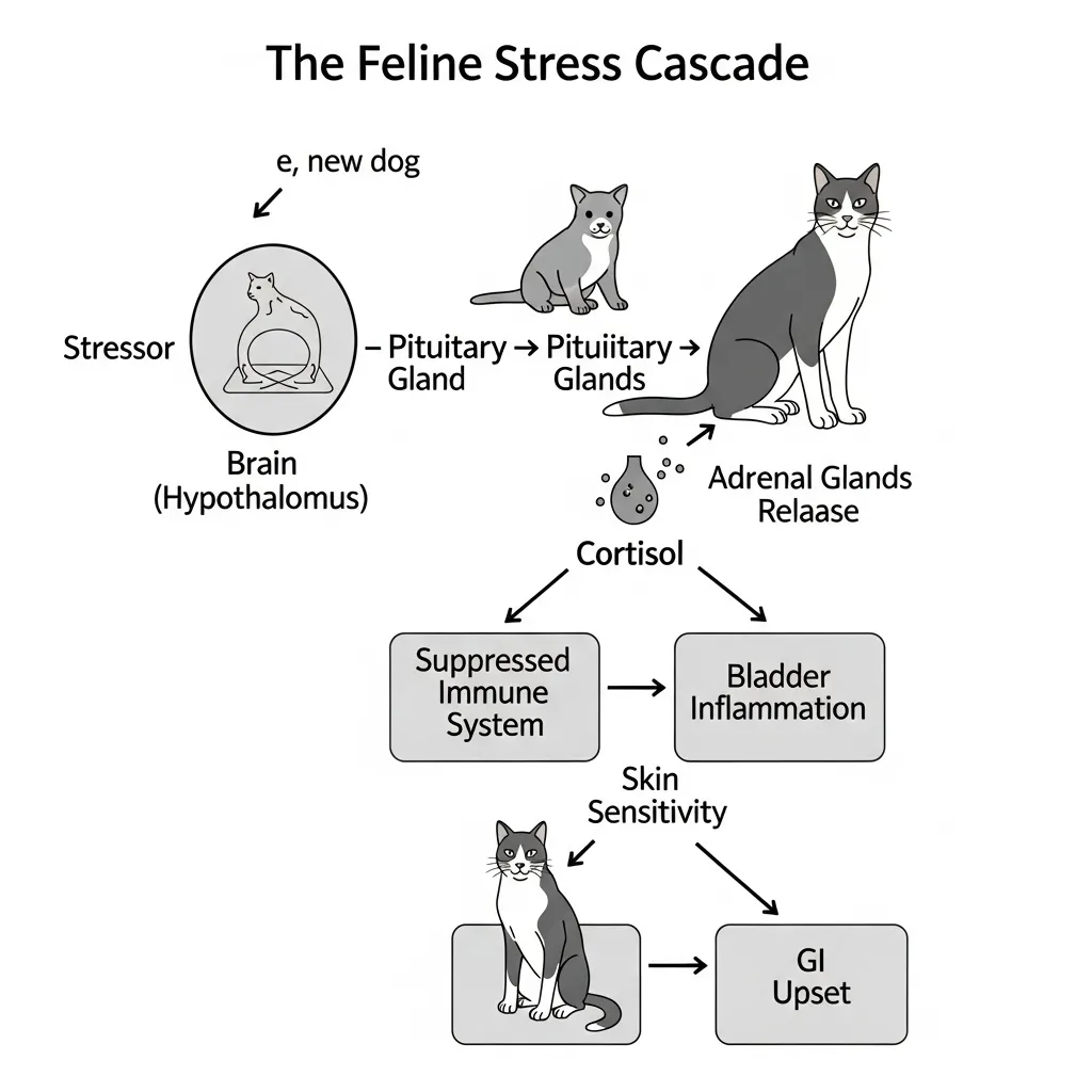 Diagram illustrating how a stressor triggers a hormonal chain reaction in a cat, leading to suppressed immunity and organ-specific health issues.