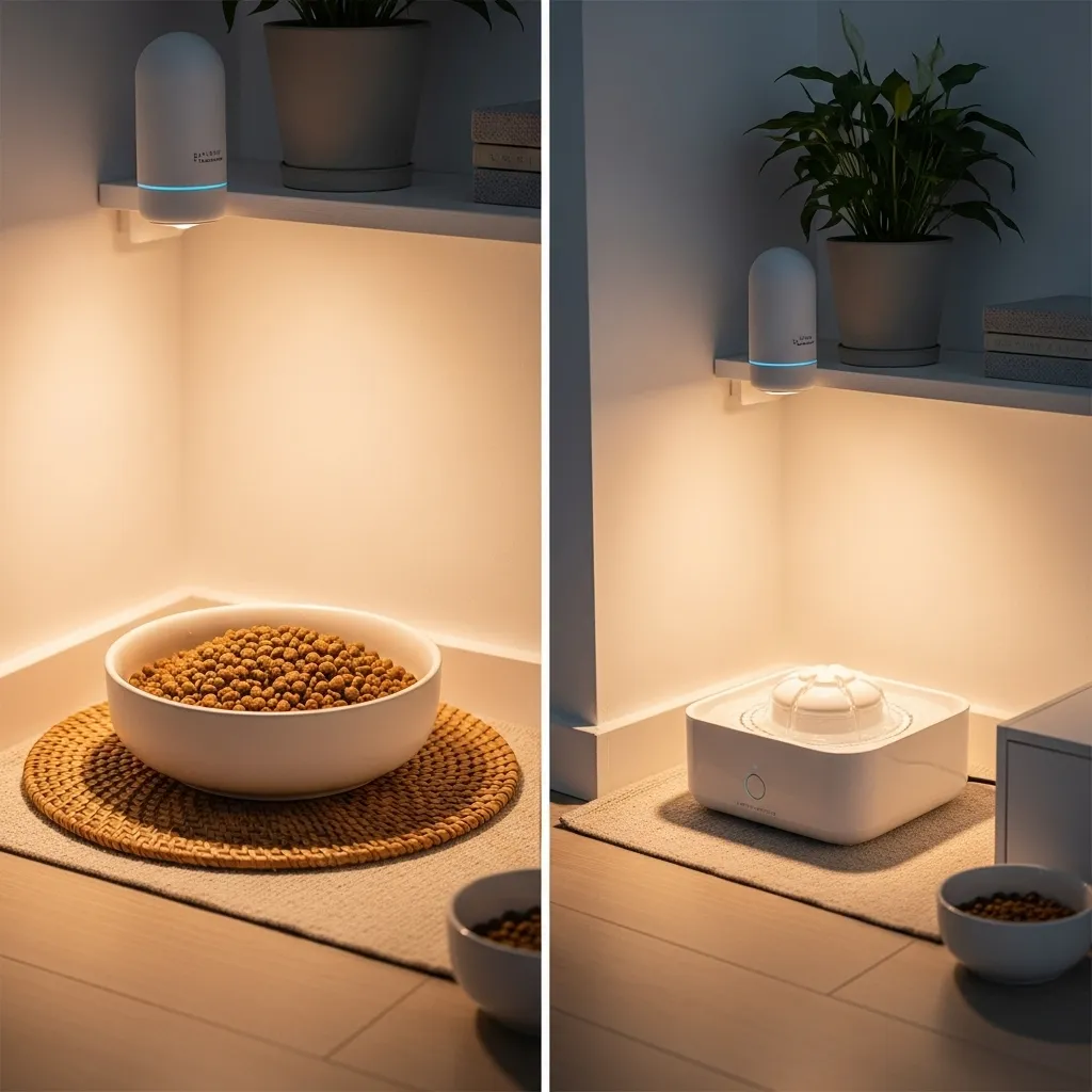  Before and after transformation of a cat feeding area to reduce stress and encourage healthy eating habits