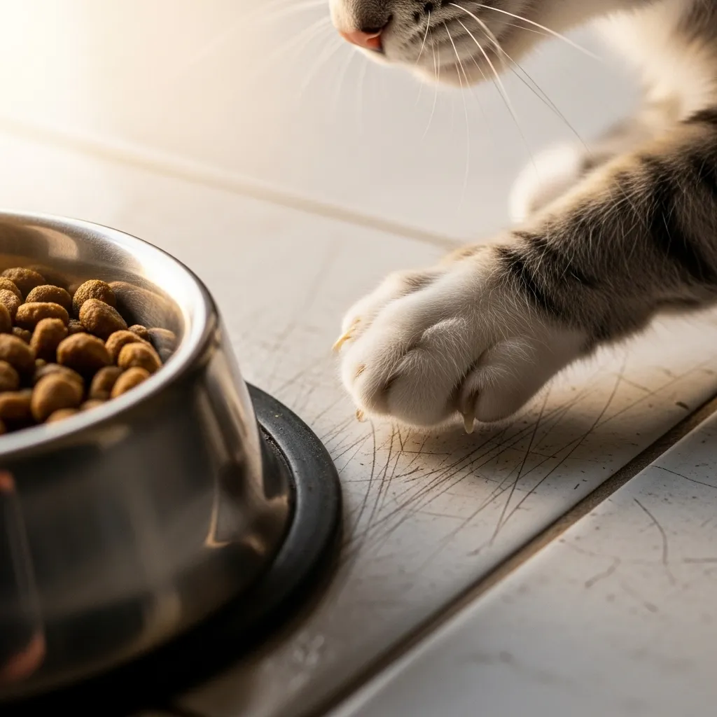 Cat scratching floor near food bowl - explaining the instinct to cache or reject food.