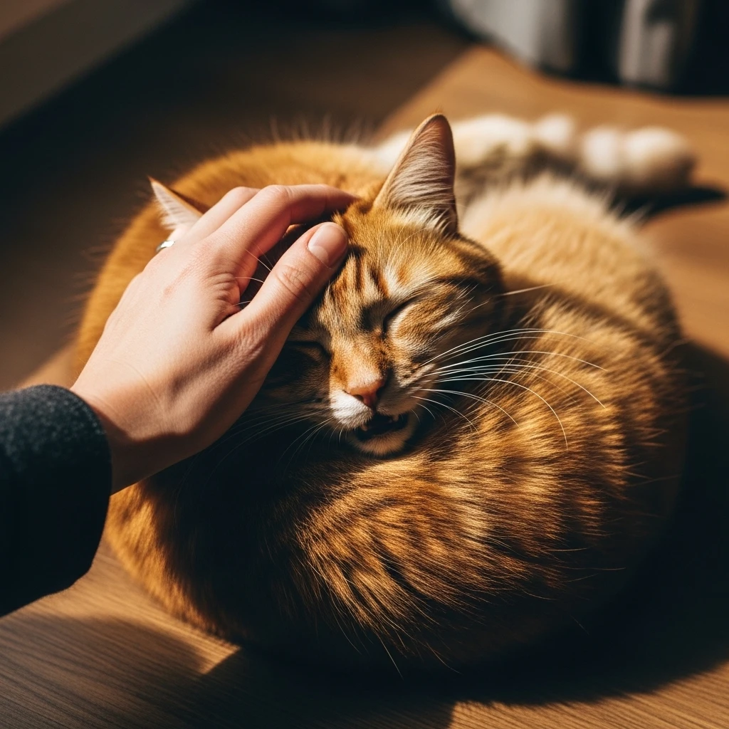 A person's hand gently petting a deeply relaxed, sleeping cat in a sunbeam, representing the culmination of trust and emotional security.