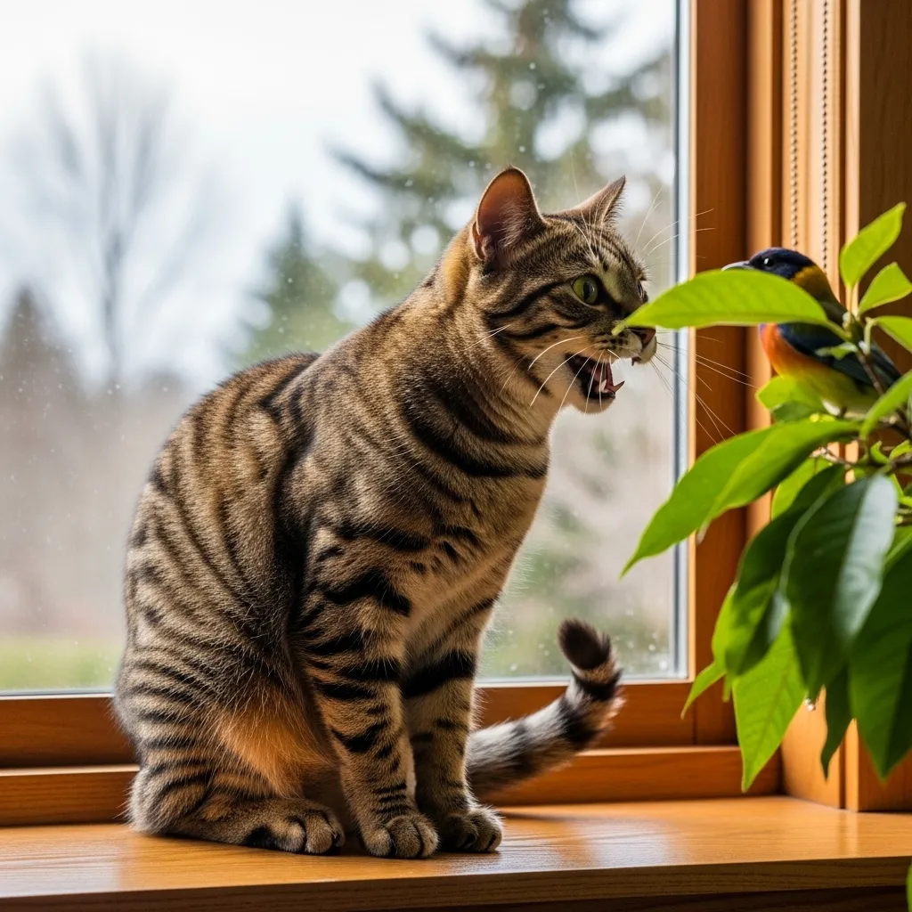 Cat chattering at a bird outside the window - explaining this common feline hunting behavior.