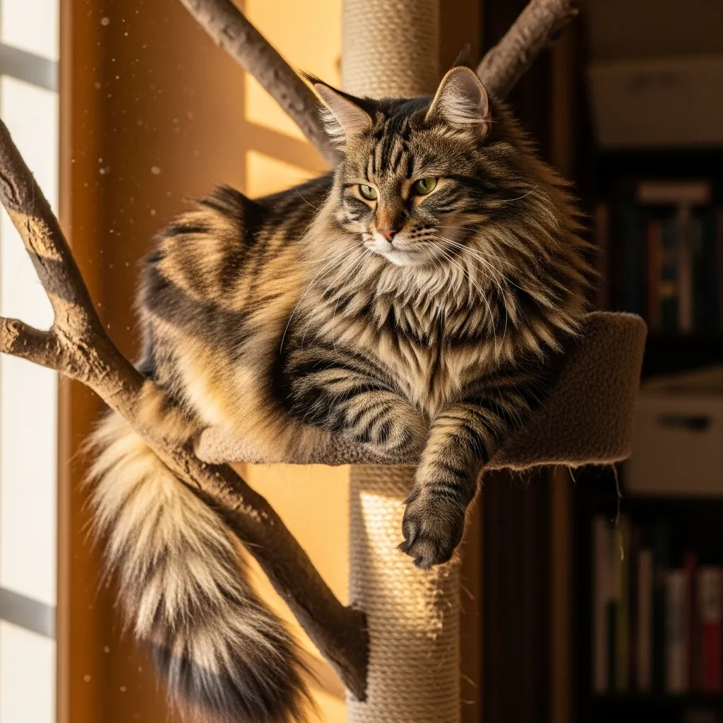 A large, fluffy cat surveys its home domain from a high perch, demonstrating instinctual territorial behavior.
