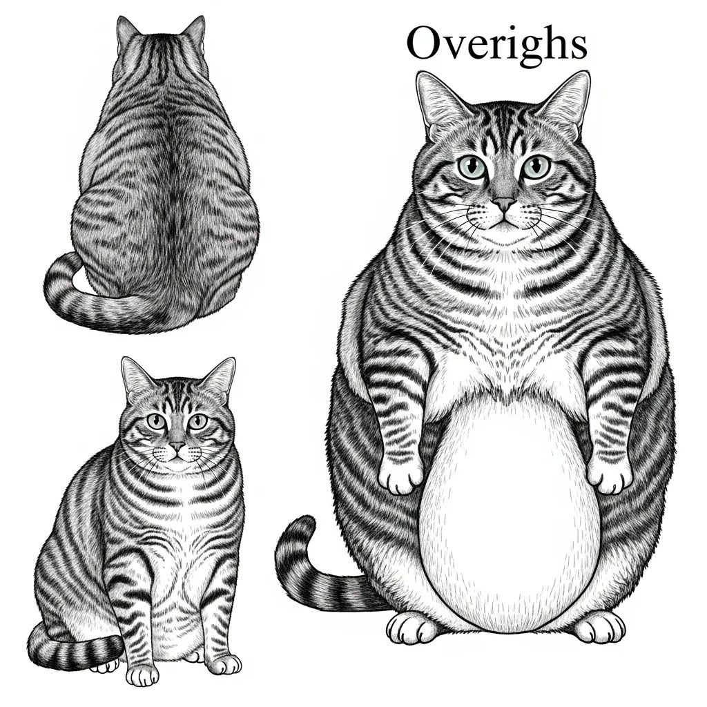 Visual guide to senior cat body condition scores showing ideal weight versus underweight and overweight conditions for feline weight management.