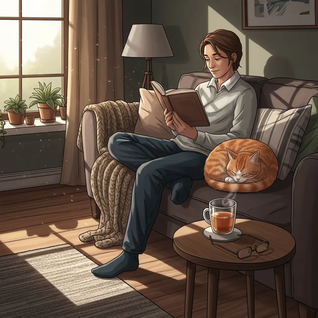 A person and cat sharing a quiet, peaceful moment together on a couch, illustrating the mutual comfort of cohabitation.