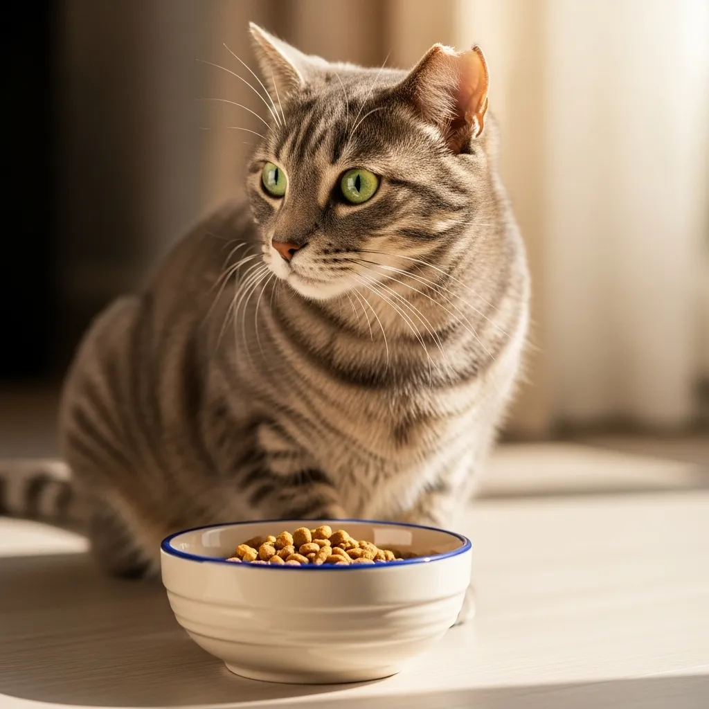  An anxious cat ignoring a full food bowl, illustrating how stress can affect a cat's eating habits.
