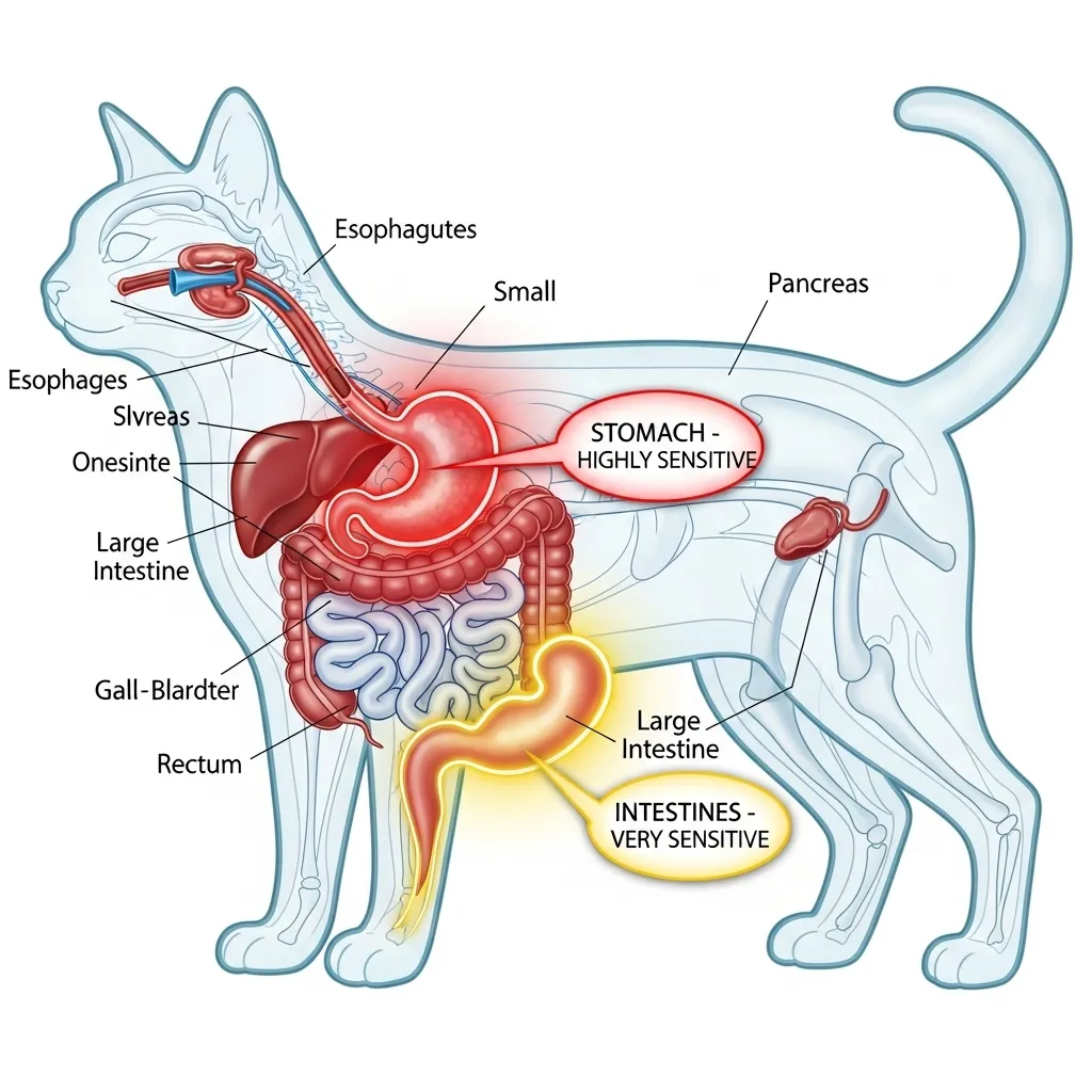  Illustration of a cat's digestive system showing the stomach and intestines, highlighting why a gradual food transition is crucial.