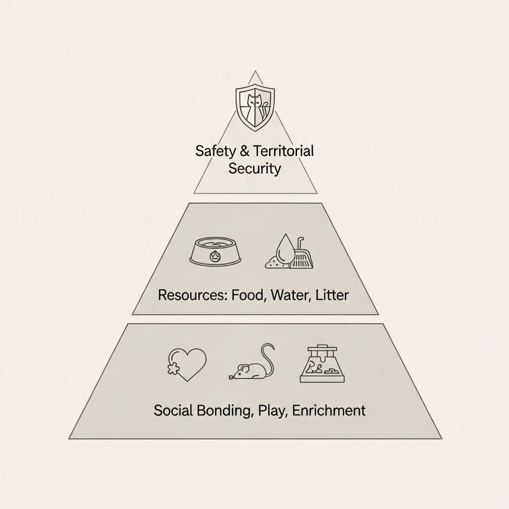 Infographic showing the feline emotional priority pyramid: Safety first, then resources, then social and enrichment needs.