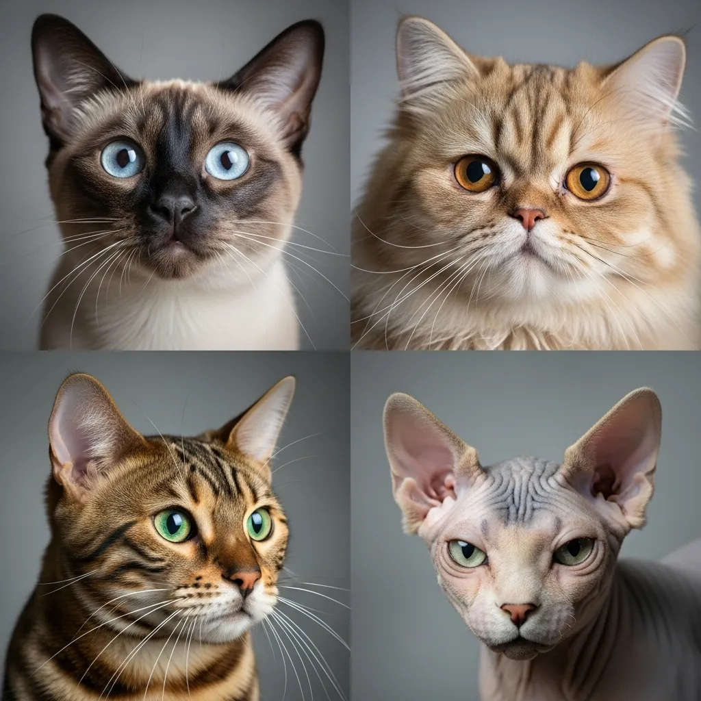 Comparison showing how different cat breeds exhibit their expressive faces in distinct ways due to their physical characteristics.
