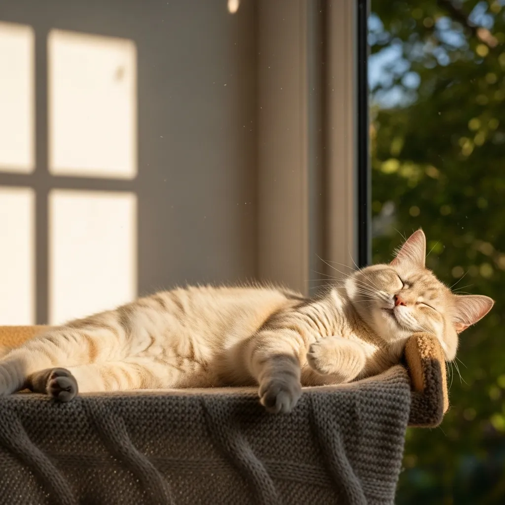 Adult cat relaxing on window sill, symbolizing the prime years of feline health.]