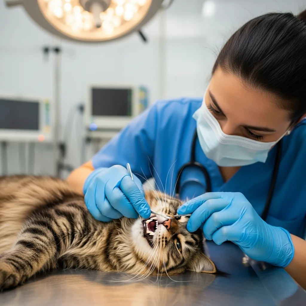 Veterinarian performs a dental examination on a calm cat, showcasing healthy feline teeth and gums.