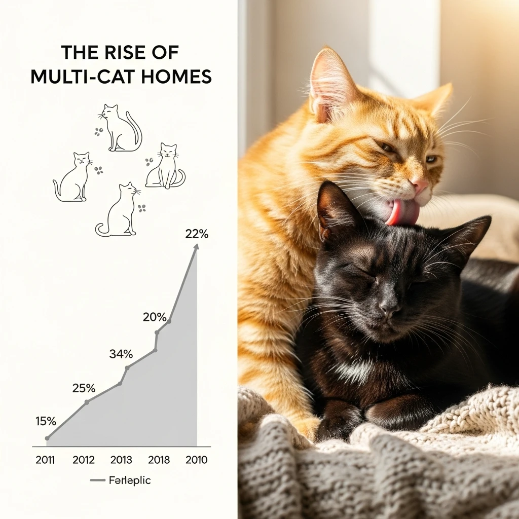 Infographic on the growth of multi-cat homes next to a photo of bonded cats displaying social grooming.