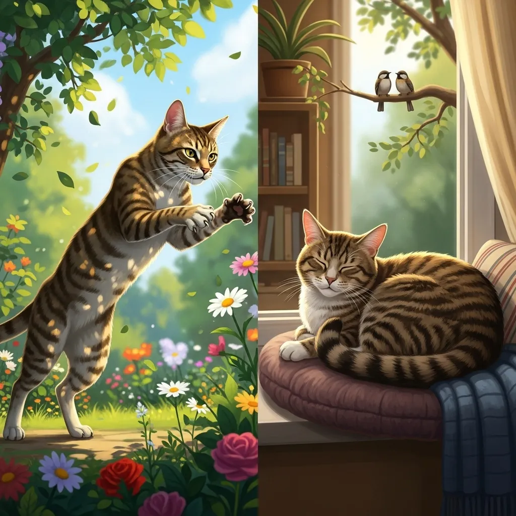 Visual comparison of an active outdoor cat versus a calm indoor cat highlighting their different energy needs and lifestyles.