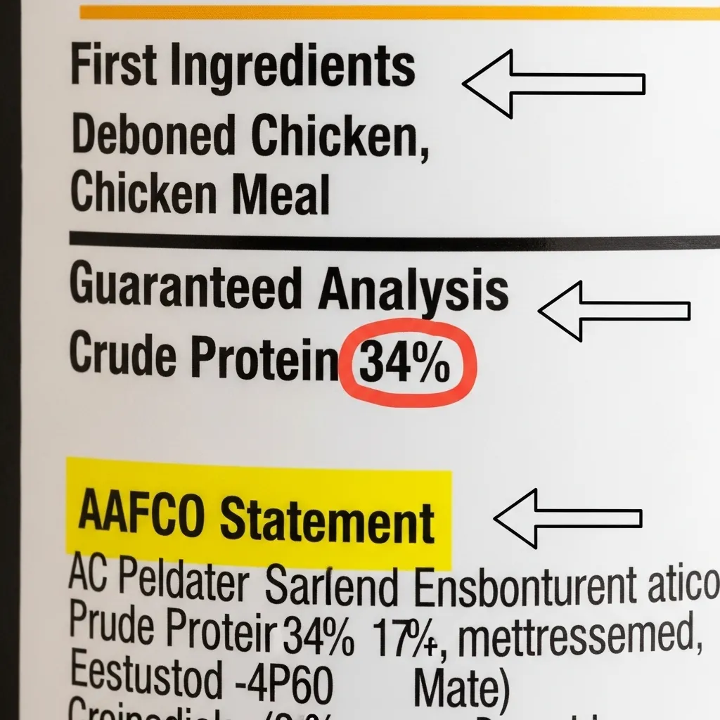  Close-up of a cat food bag label highlighting where to find the ingredient list, guaranteed analysis, and AAFCO nutritional adequacy statement.