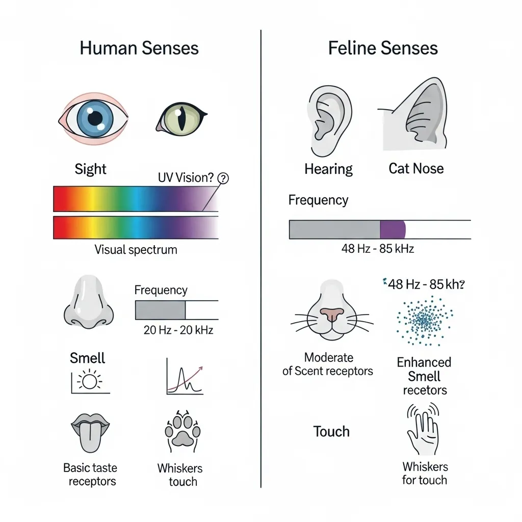  Infographic comparing cat and human senses, highlighting feline ultrasonic hearing and broader visual perception.