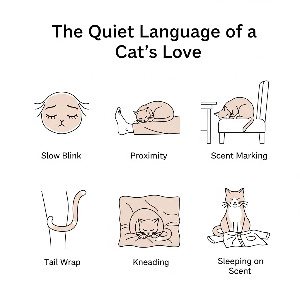  Infographic illustrating six subtle ways cats show love: slow blinking, quiet proximity, scent marking, tail wrapping, kneading, and sleeping on your scent. Attachment 
