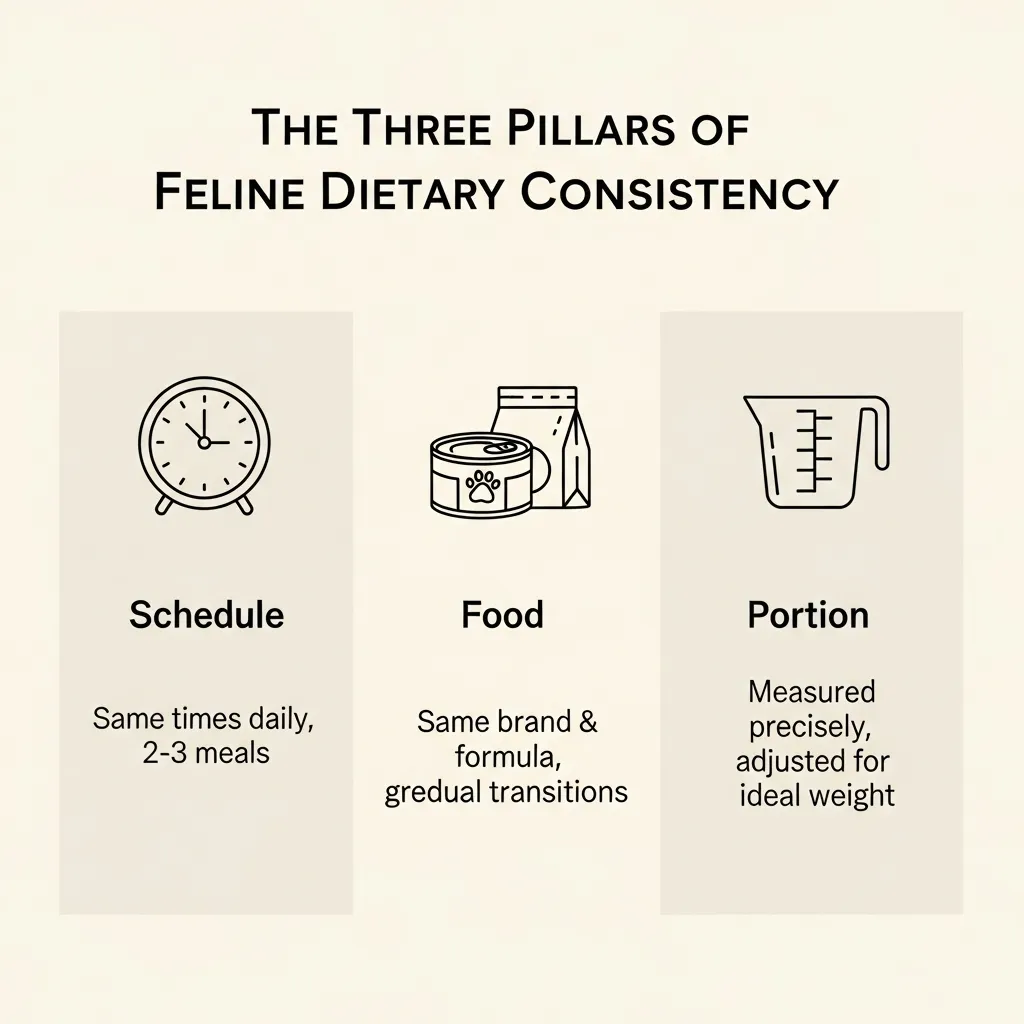  Table explaining the three key elements of a consistent diet for cats: schedule, food type, and portion size.