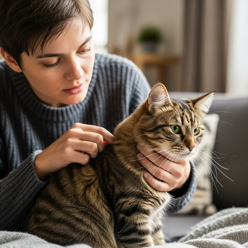 Owner checking their cat's coat and skin for signs of nutritional health at home