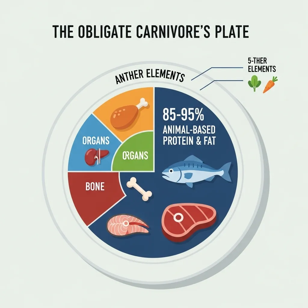Infographic explaining the nutritional needs of an obligate carnivore cat, showing high protein and fat requirements.