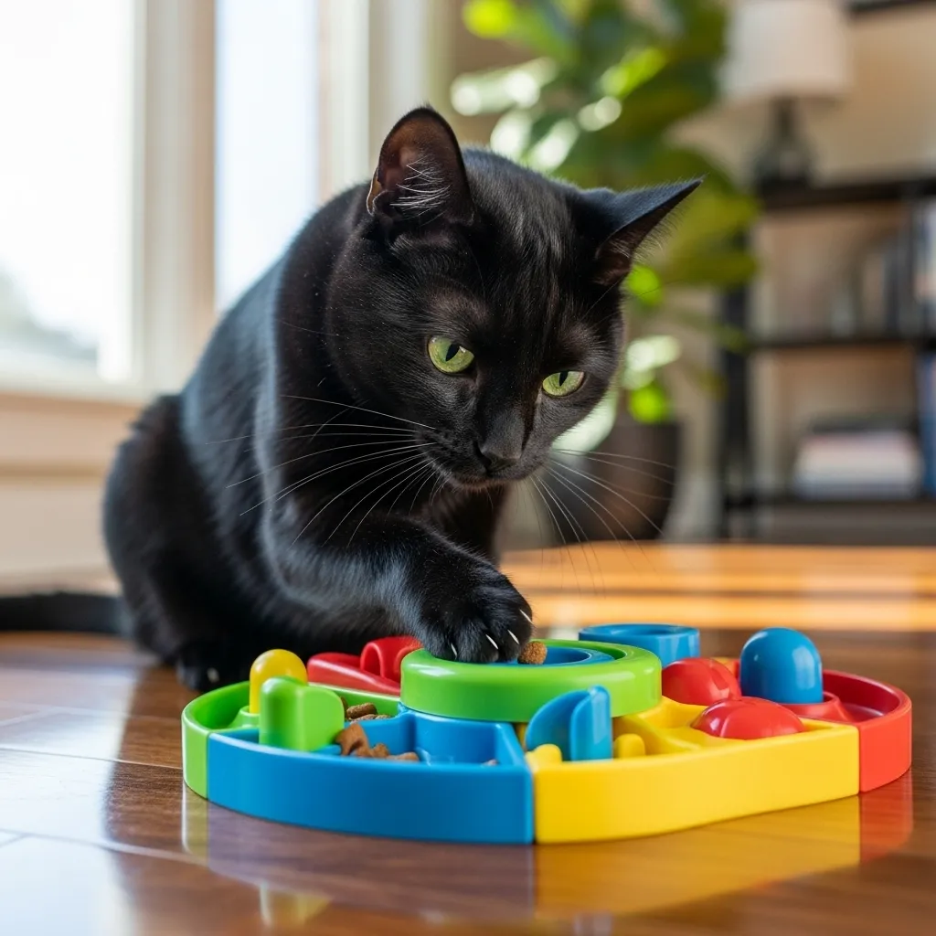  Indoor cat using puzzle feeder for mental stimulation and controlled feeding, demonstrating environmental enrichment strategies.