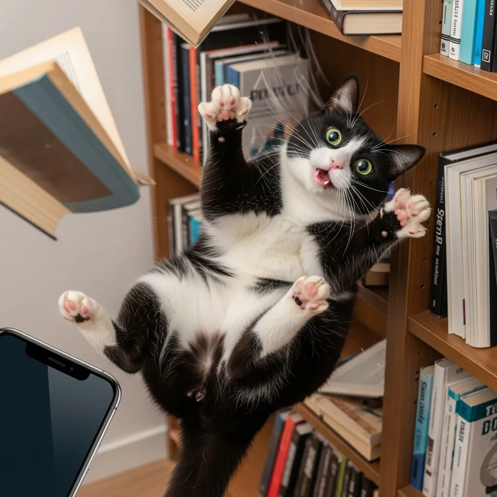 A tuxedo cat experiencing a hilarious fail mid-jump, perfectly illustrating unintentional cat comedy.