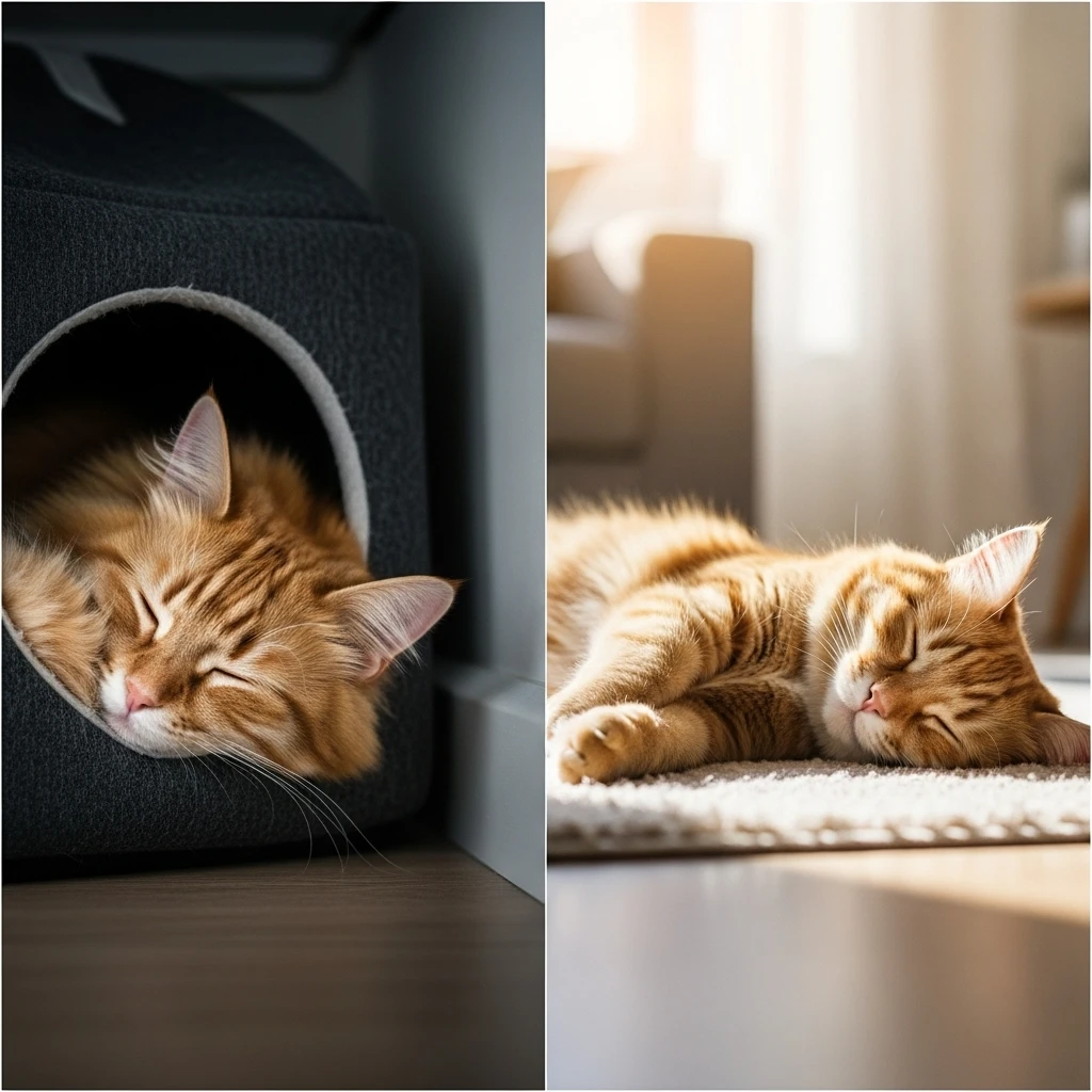 Contrasting cat sleeping spots showing secure hideaway versus vulnerable social sleeping, illustrating the spectrum of feline comfort.