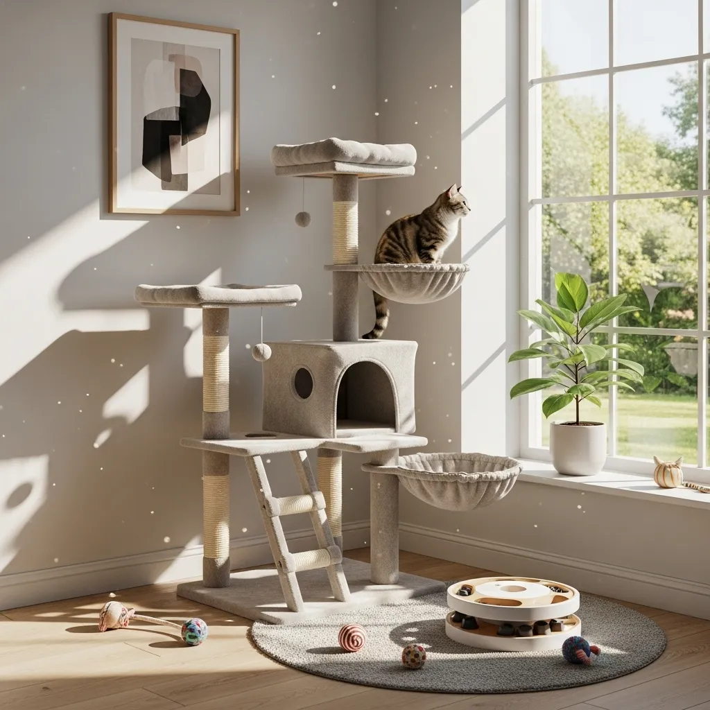 A cat-friendly home environment designed for enrichment and entertainment.