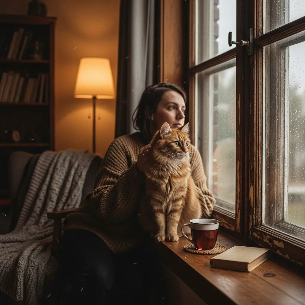 Human and cat companion quietly observing the world together, illustrating mutual awareness and bond.