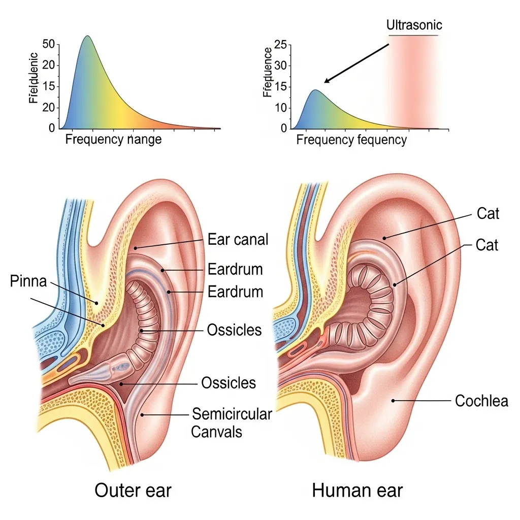  Diagram comparing feline and human hearing ranges, showing cat's superior high-frequency detection.