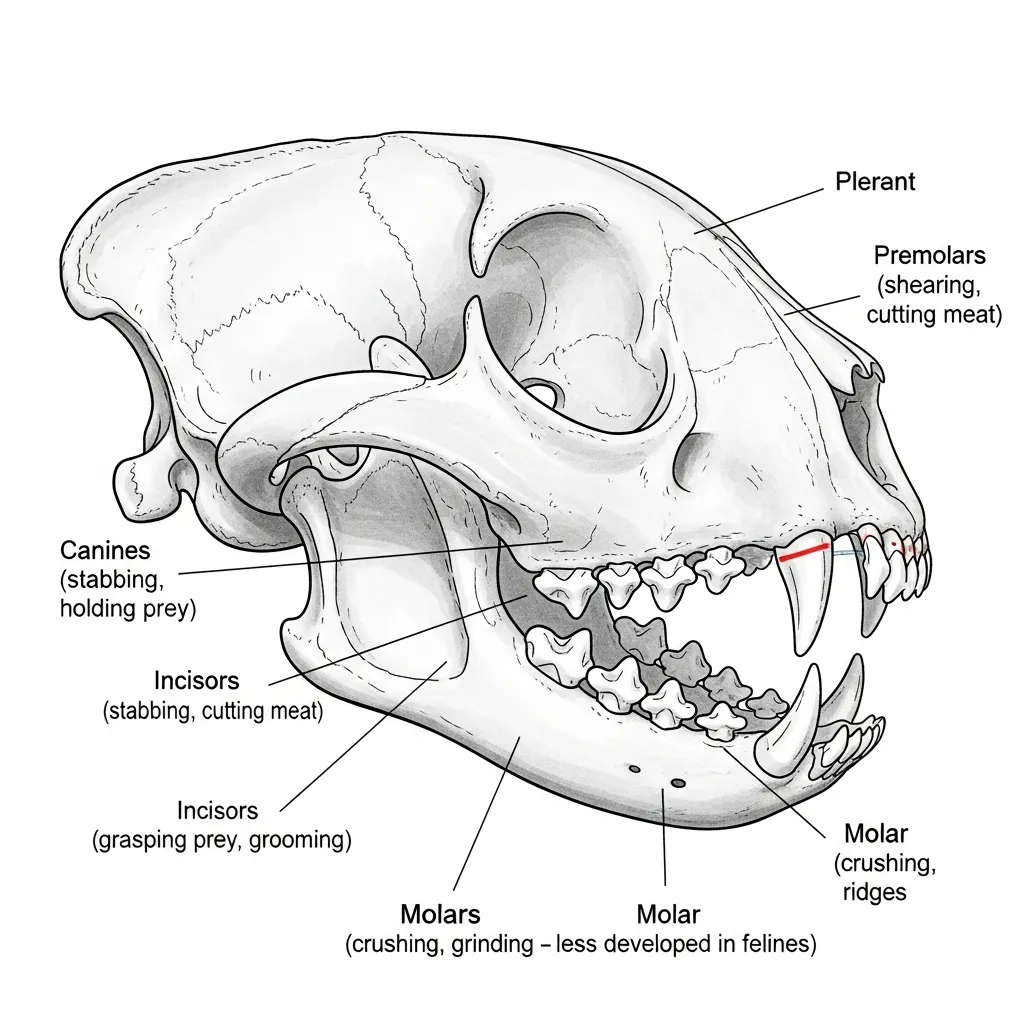 Diagram of a cat's skull showing sharp, pointed teeth designed for a carnivorous diet, highlighting canines and shearing premolars.