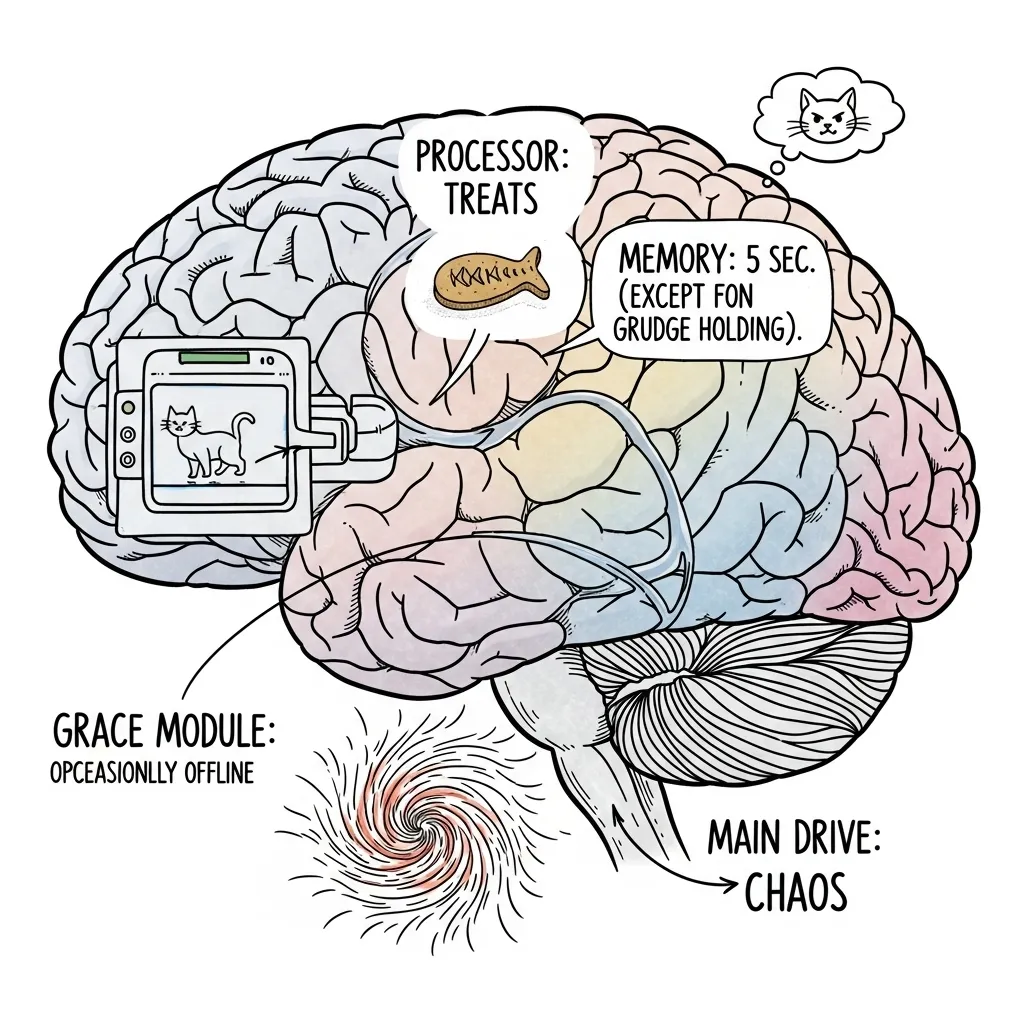 A humorous faux-scientific diagram of a cat's brain explaining the source of their funny behavior.