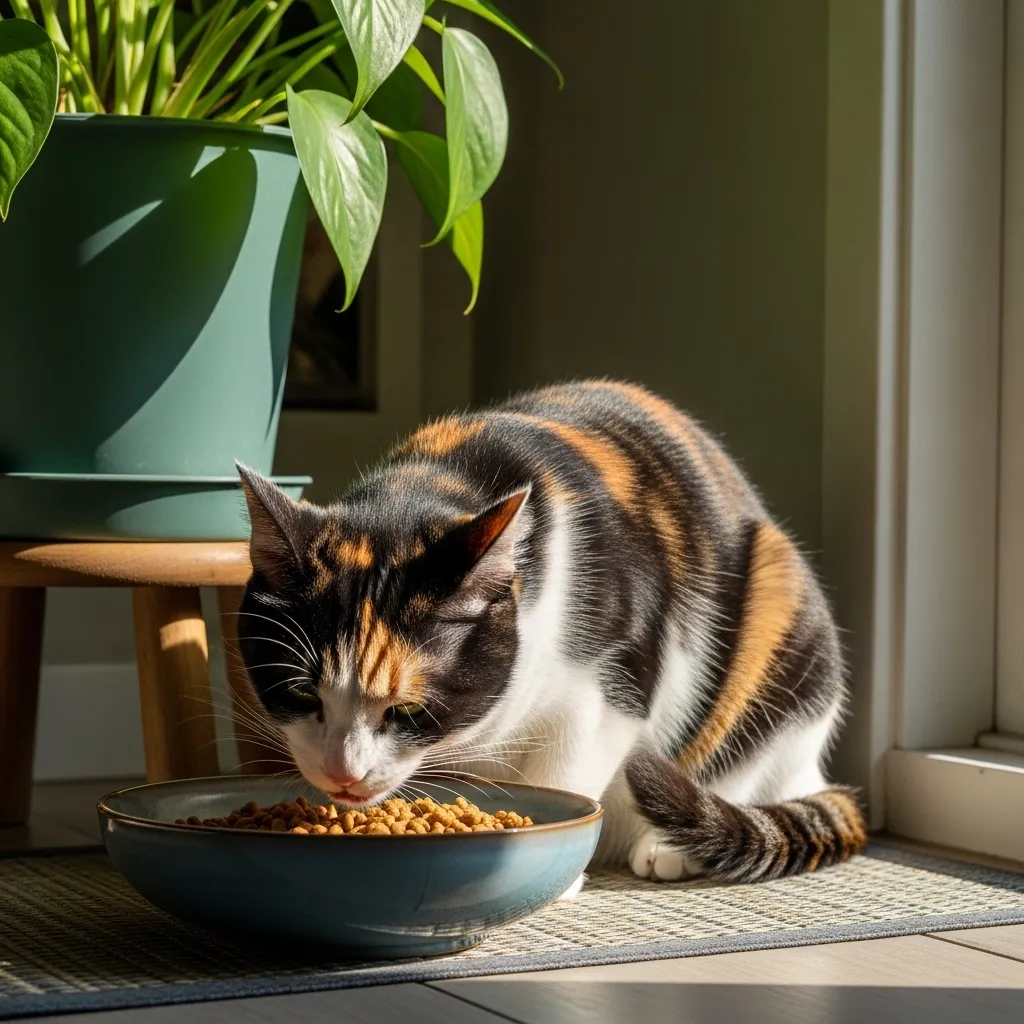 A cat eating peacefully in an optimized, stress-free feeding environment, representing the positive outcome of addressing stress-related eating issues.