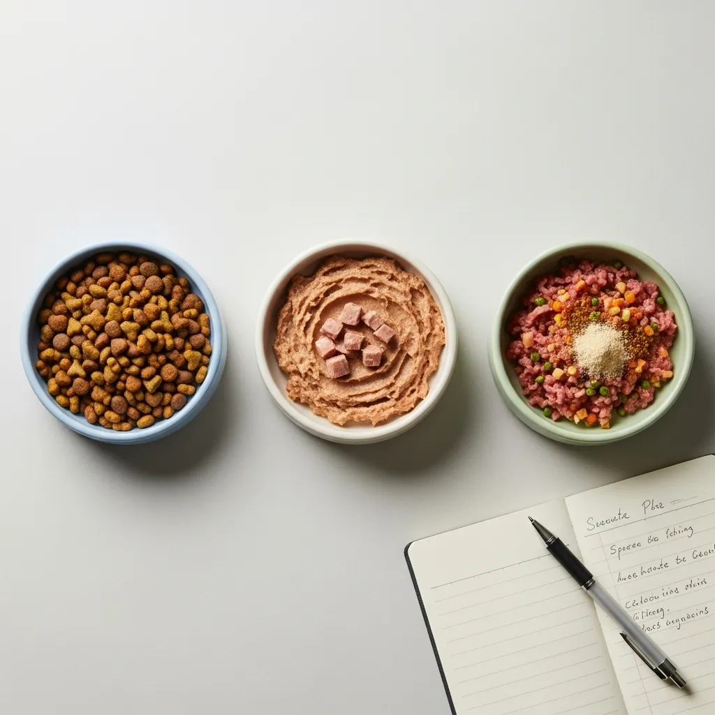  Comparison of different types of cat food diets with a notepad, emphasizing the importance of observation during dietary changes.