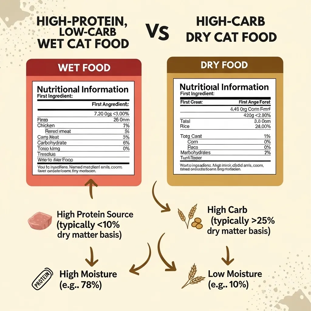 Infographic comparing macronutrients in wet versus dry cat food for weight management.