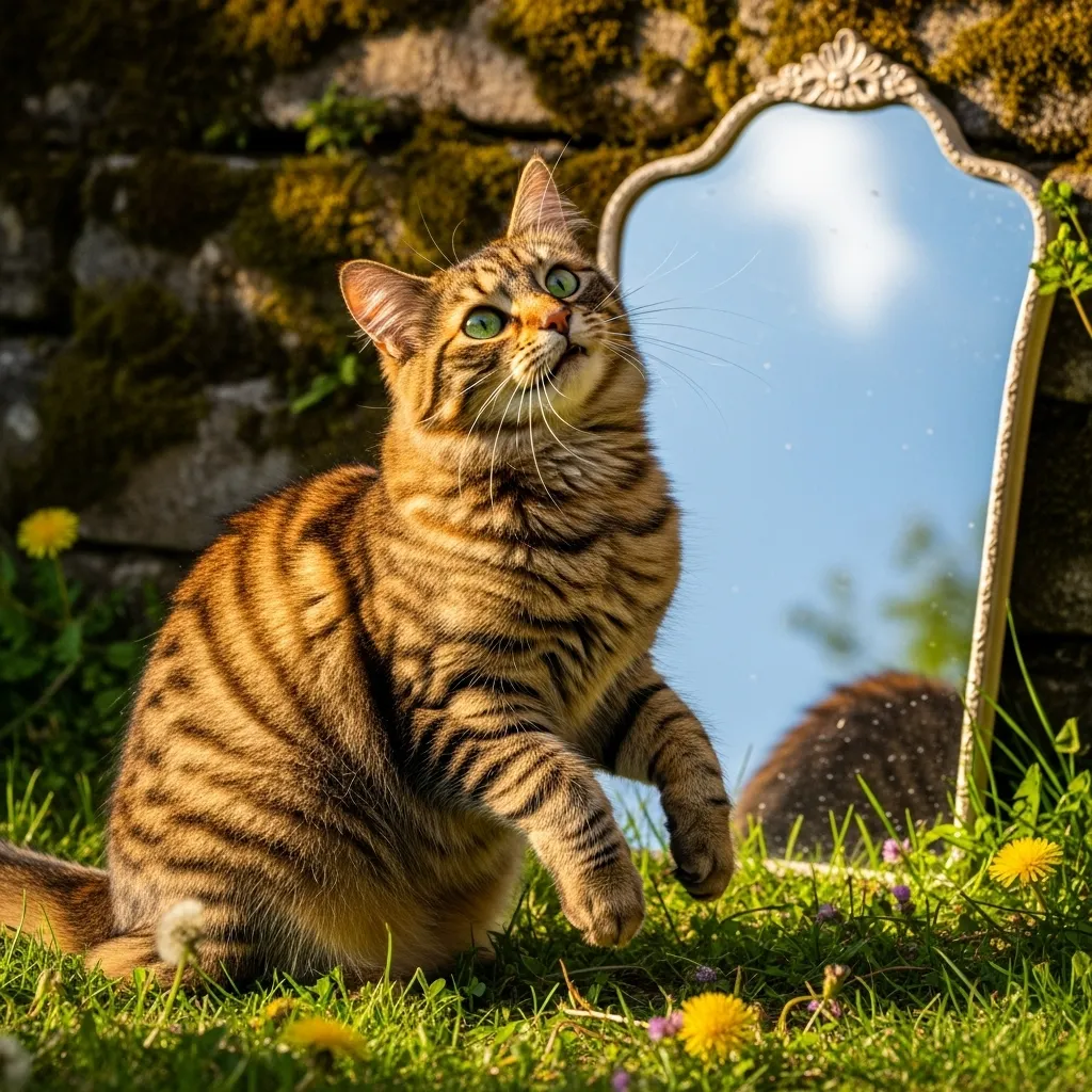 Feral cat startled by mirror reflection outdoors