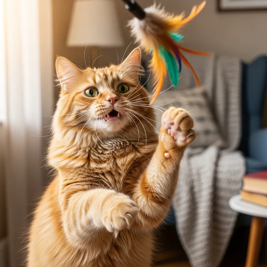 A senior cat playing happily, showing that engagement at all ages is key to wellbeing and occasional funny moments.