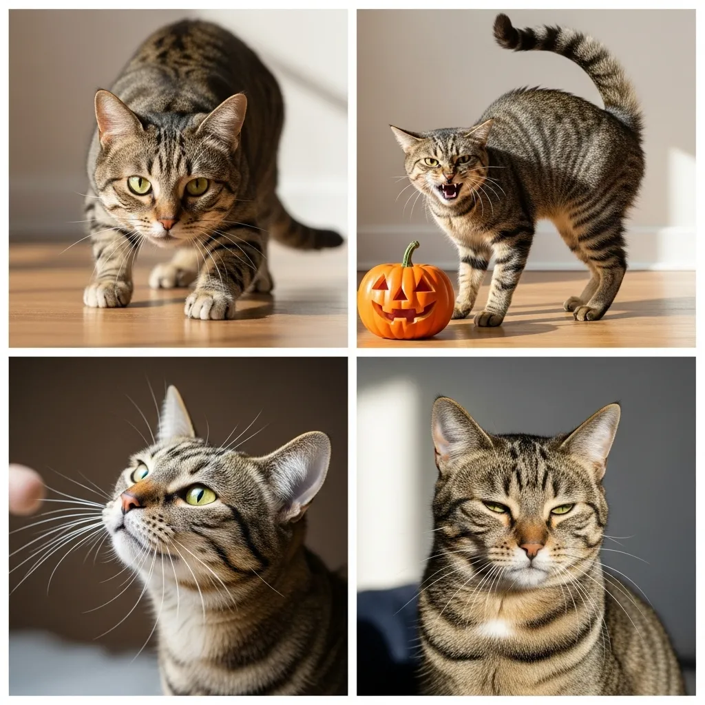 Four different feline body language reactions to new objects visualized
