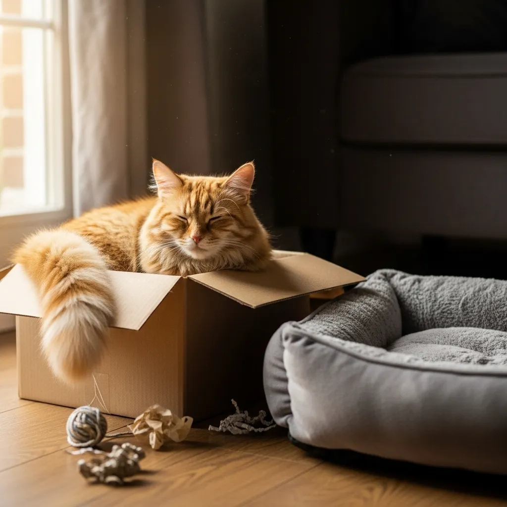 Cats vs Cardboard Boxes 4 Classic scene of a cat preferring a simple cardboard box over an expensive cat bed.