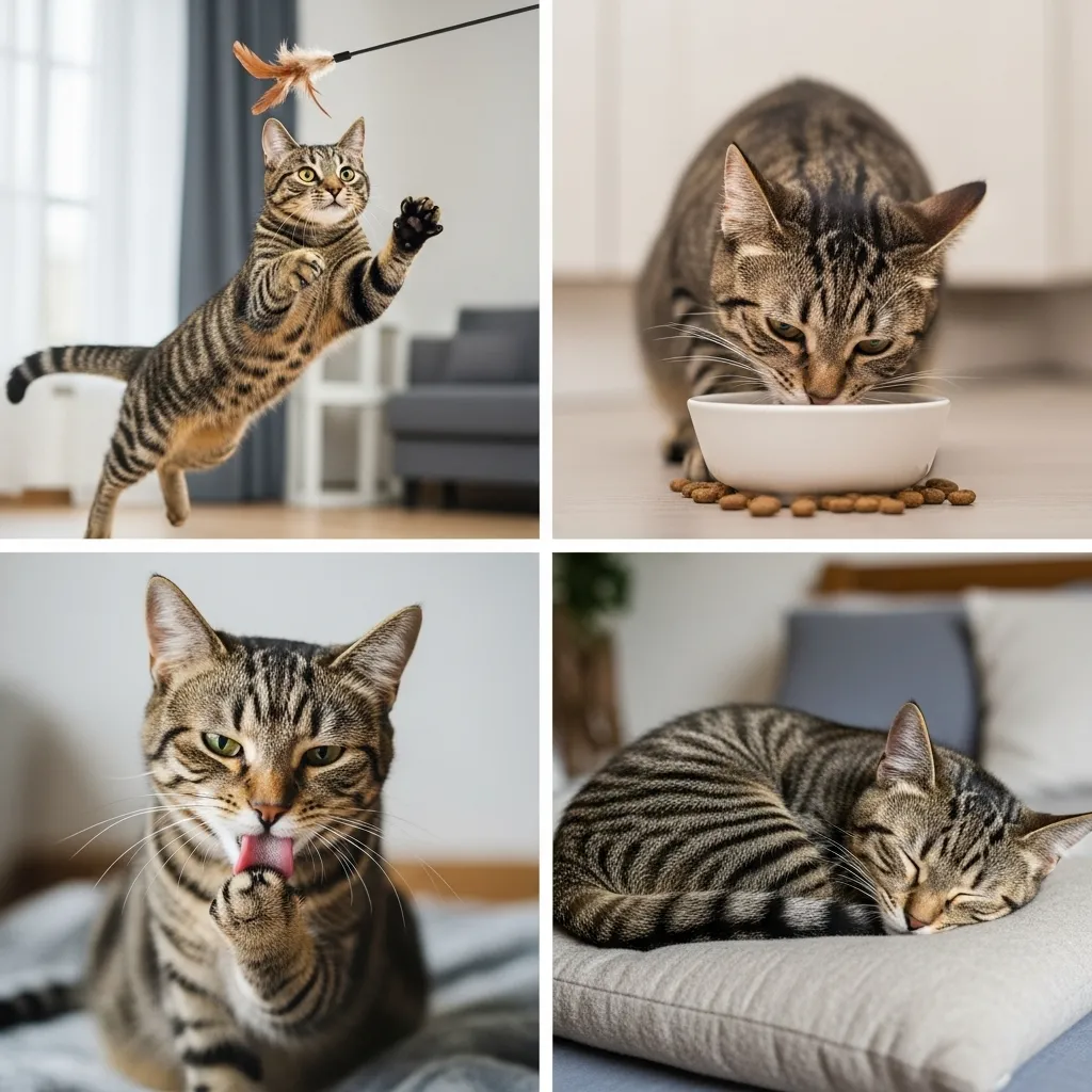 The natural cat cycle: play (hunt), eat, groom, then sleep.