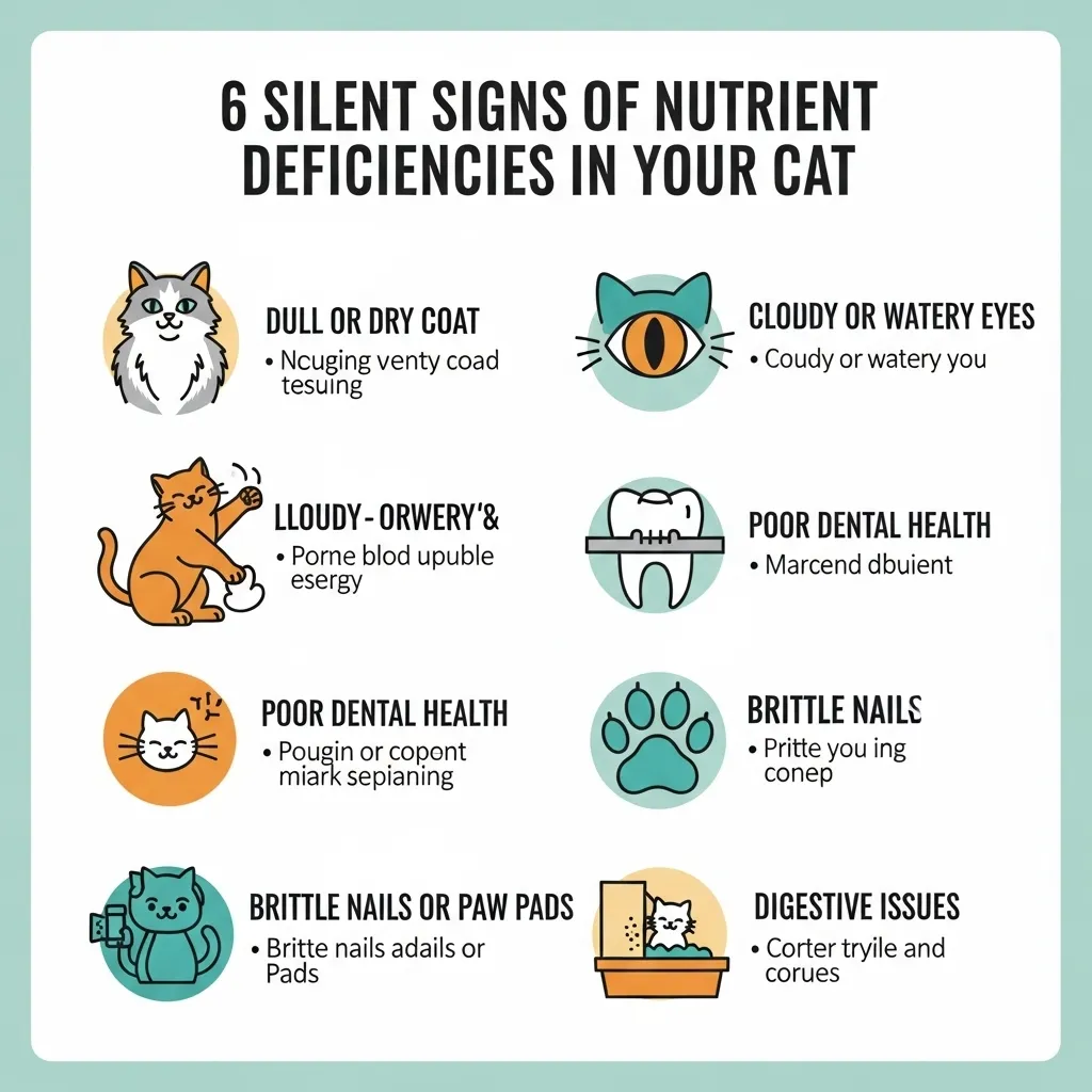 Infographic: Common signs of nutrient deficiencies in domestic cats that every owner should recognize.
